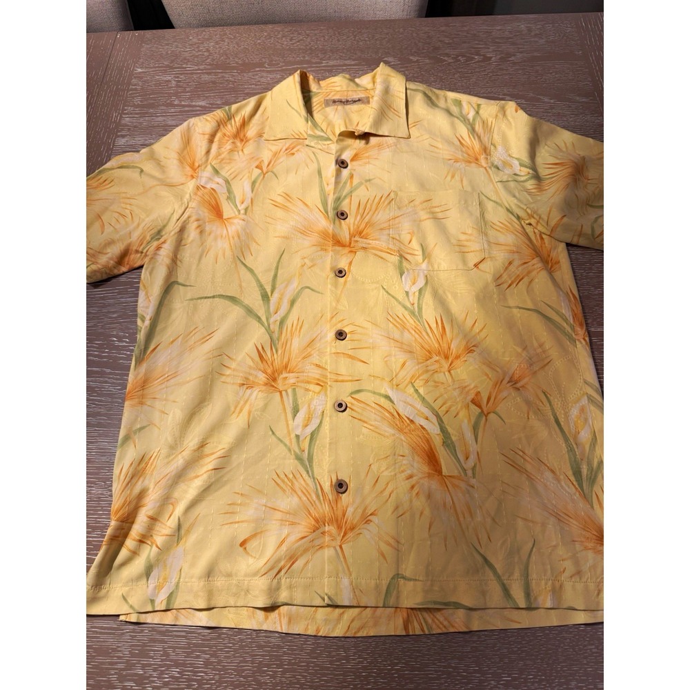 Tommy Bahama Men's M Yellow Floral Silk Woven Spread Collar Short Sleeve